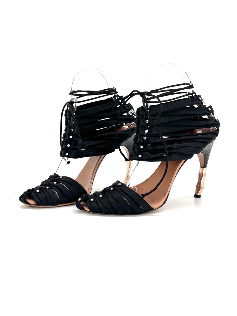 Gucci Tom Ford SS 2004 Black Satin Ankle Lace Up Crystal Bamboo Heeled Sandals 7